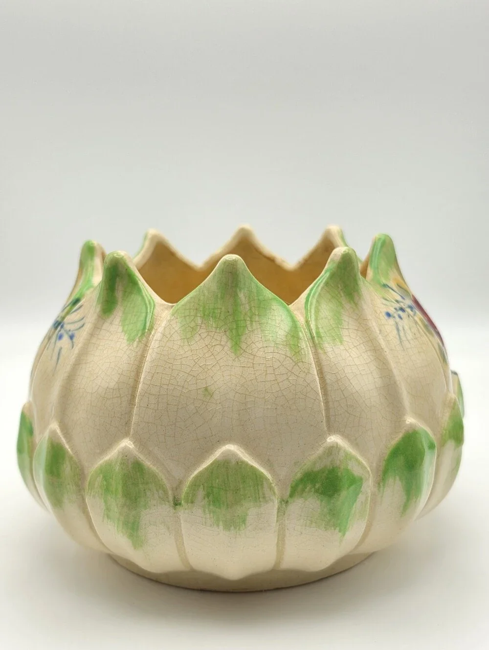 Vintage Mid-Century Japanese Majolica-Style Ceramic Lotus Flower Planter